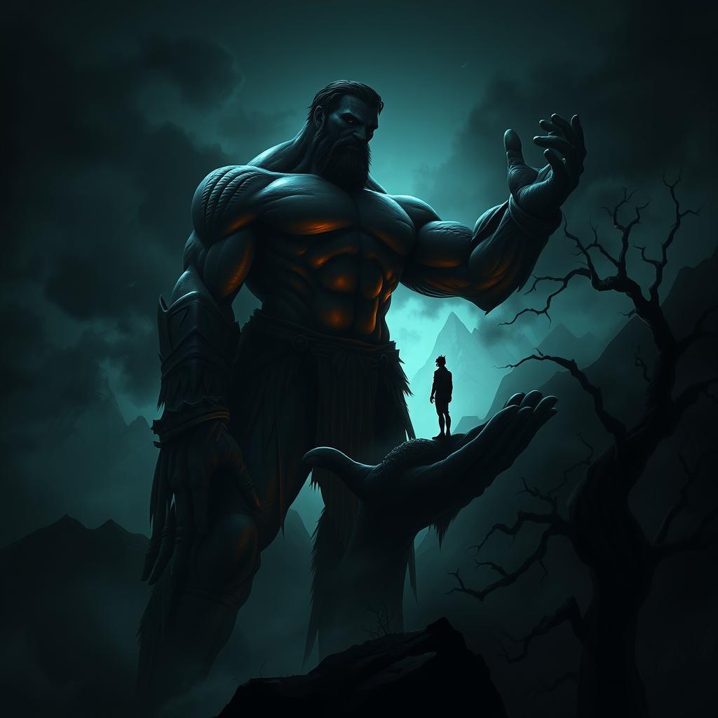 A giant towering over a dark, mystical landscape, with a tiny person sitting comfortably in the palm of its hand