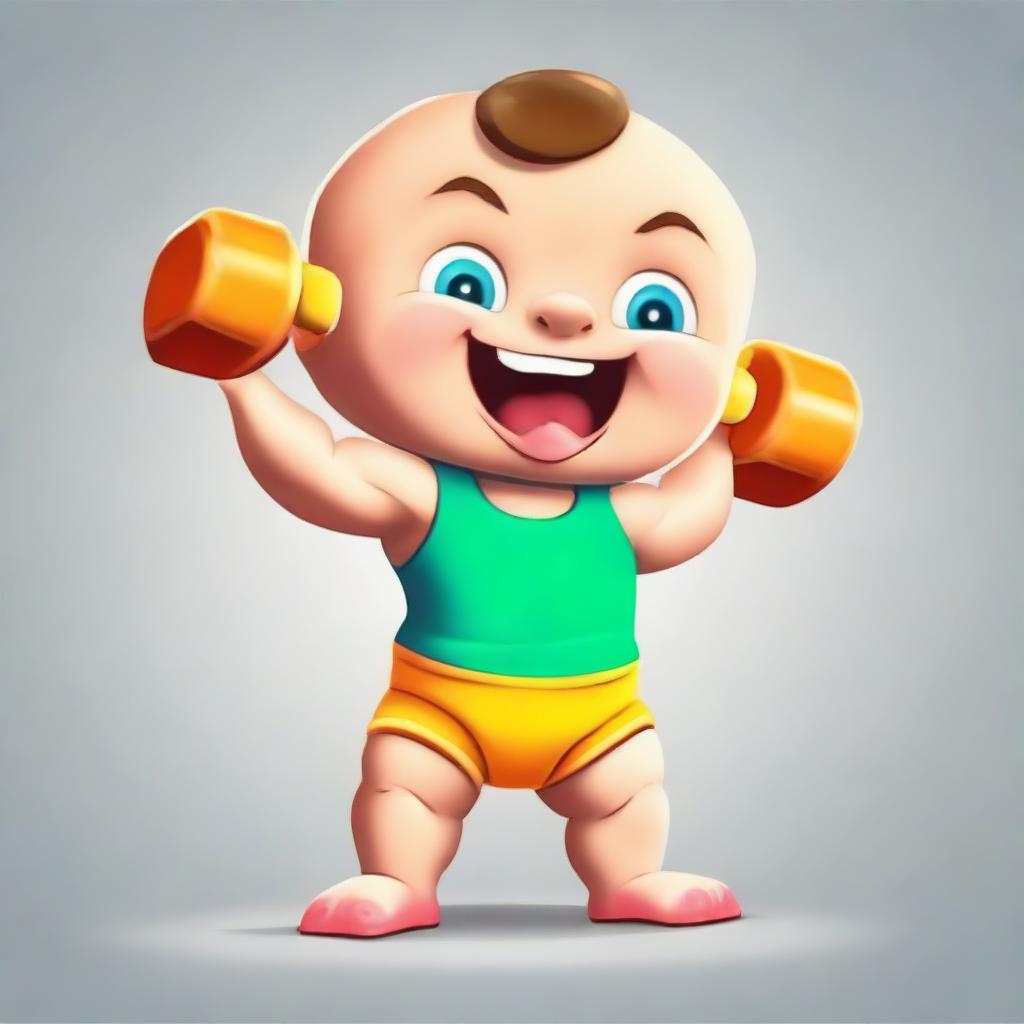 A cute, cartoonish baby with exaggerated muscles, hilariously pretending to lift a small, brightly colored toy dumbbell with great effort and a playful grin.