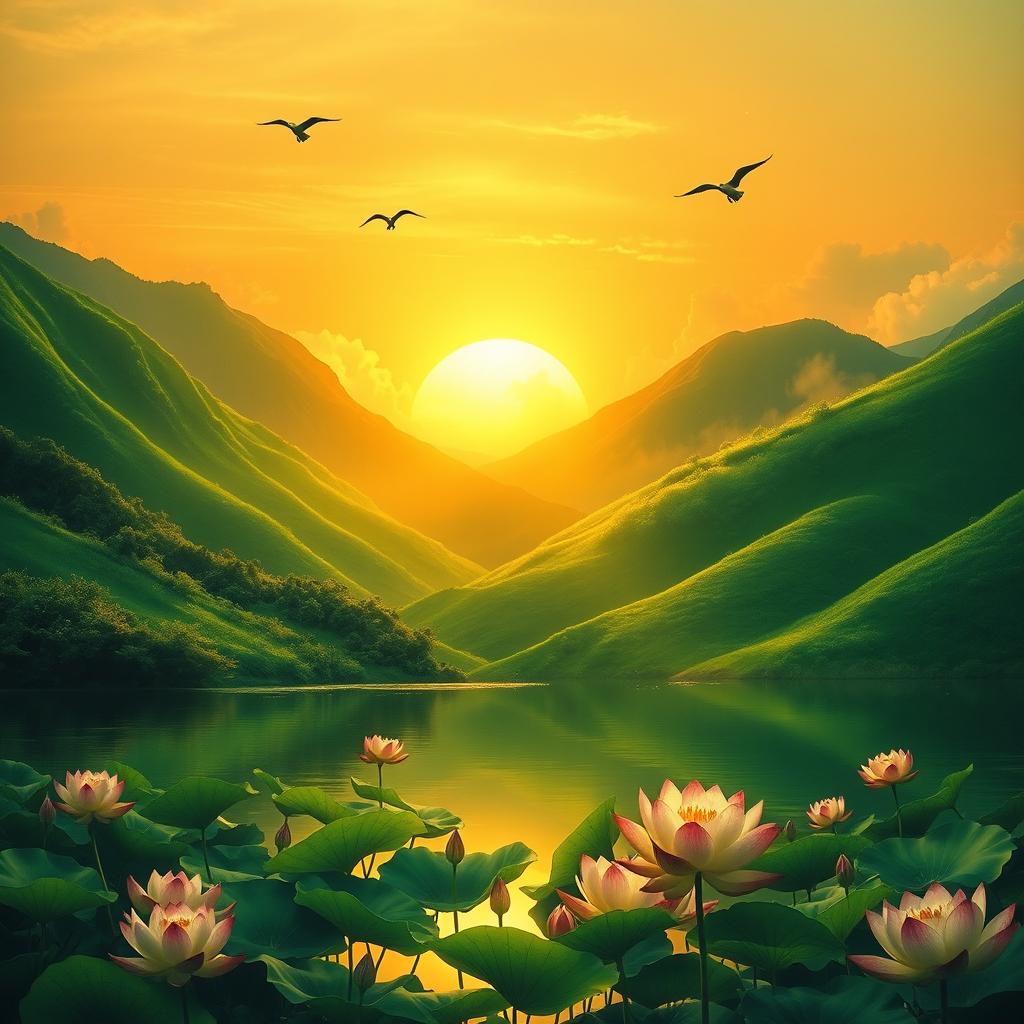 A beautiful portrait of a serene landscape featuring lush green hills illuminated by the golden light of a sunset, reflecting off a calm lake adorned with blooming lotus flowers