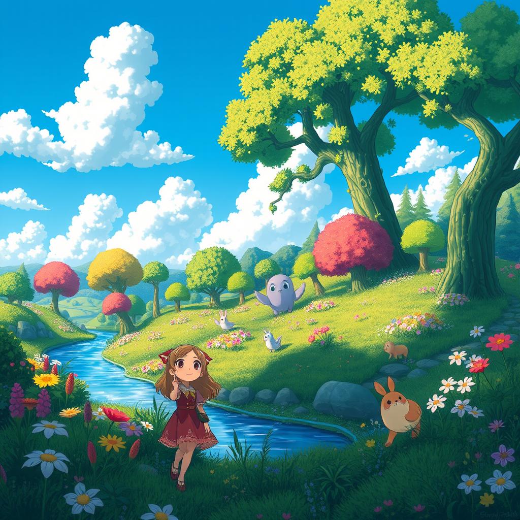 An enchanting landscape depicting a vibrant forest with whimsical trees and lush greenery, colorful flowers blooming everywhere, a clear blue sky dotted with fluffy white clouds, and a gentle river flowing through the scene