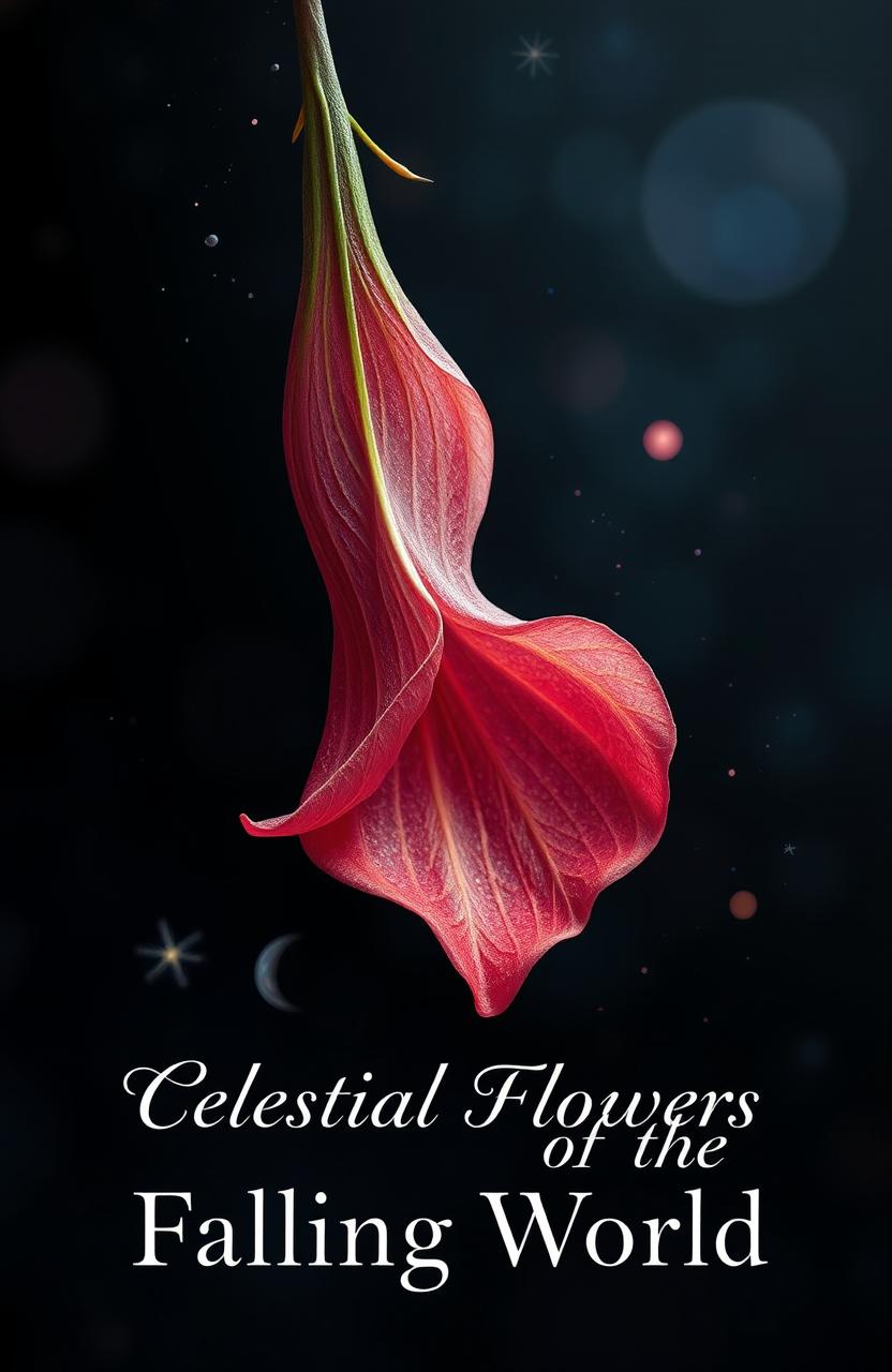 A beautifully detailed flower petal falling gracefully against a dark, mystical background