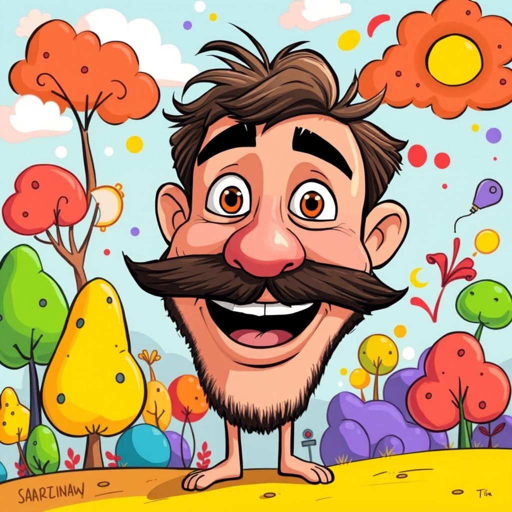 A vibrant cartoon illustration inspired by the provided photograph, featuring exaggerated facial features and expressions, bright and lively colors, and a playful, whimsical art style