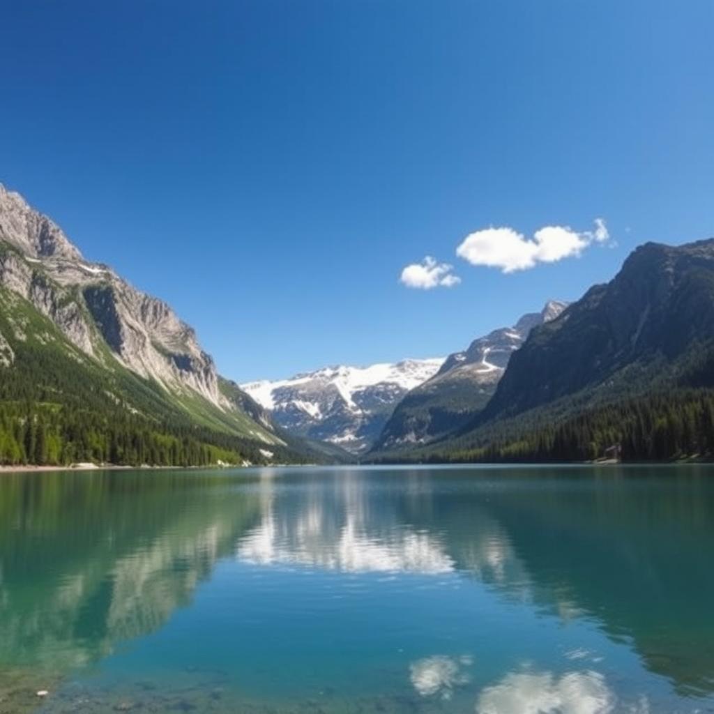 A scenic landscape featuring a serene lake surrounded by tall mountains under a clear blue sky