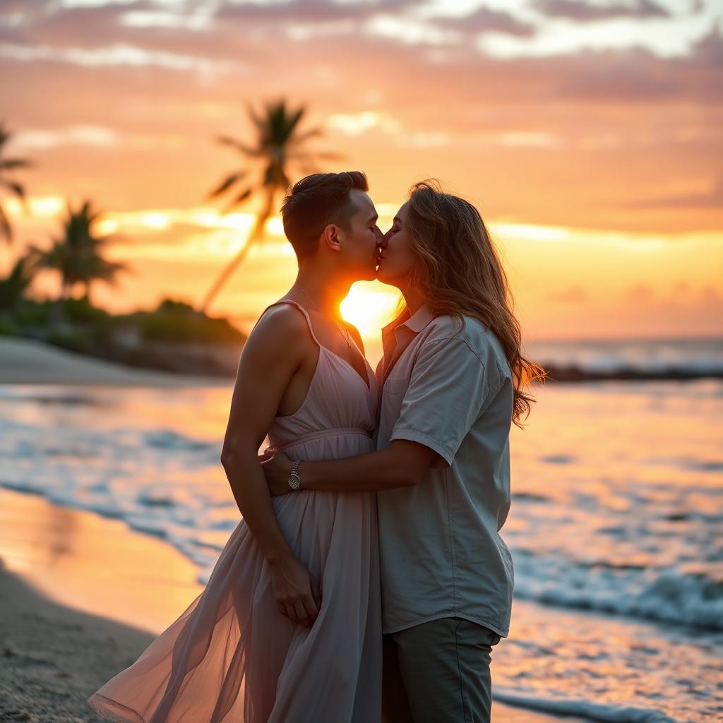 A romantic scene depicting a loving couple embracing and kissing