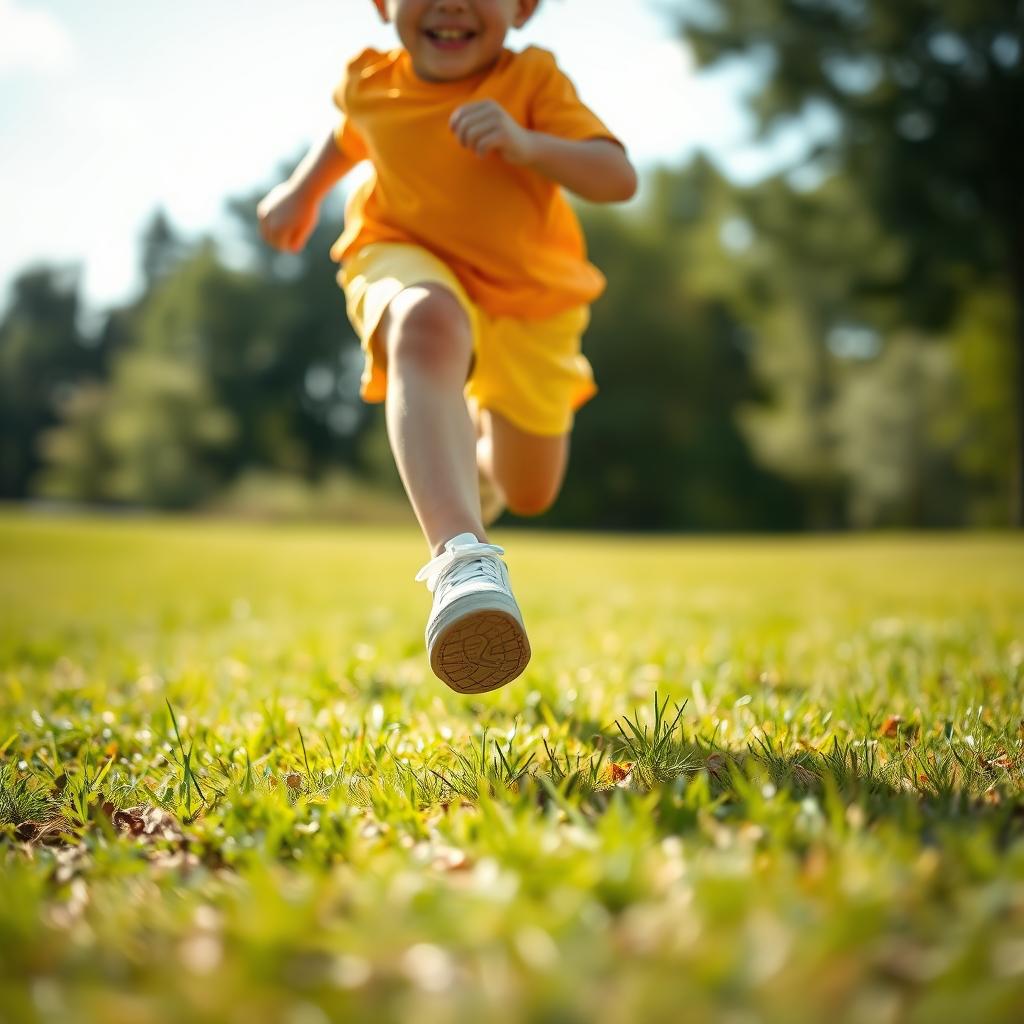 A dynamic scene capturing a young boy running energetically on a sunny day, his feet in focus as he dashes along a grassy field