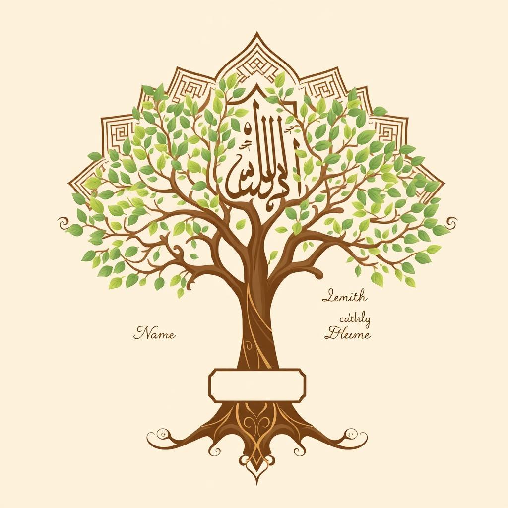 Islamic-style family tree design that features intricate geometric patterns and elegant calligraphy, incorporating a designated area for writing names