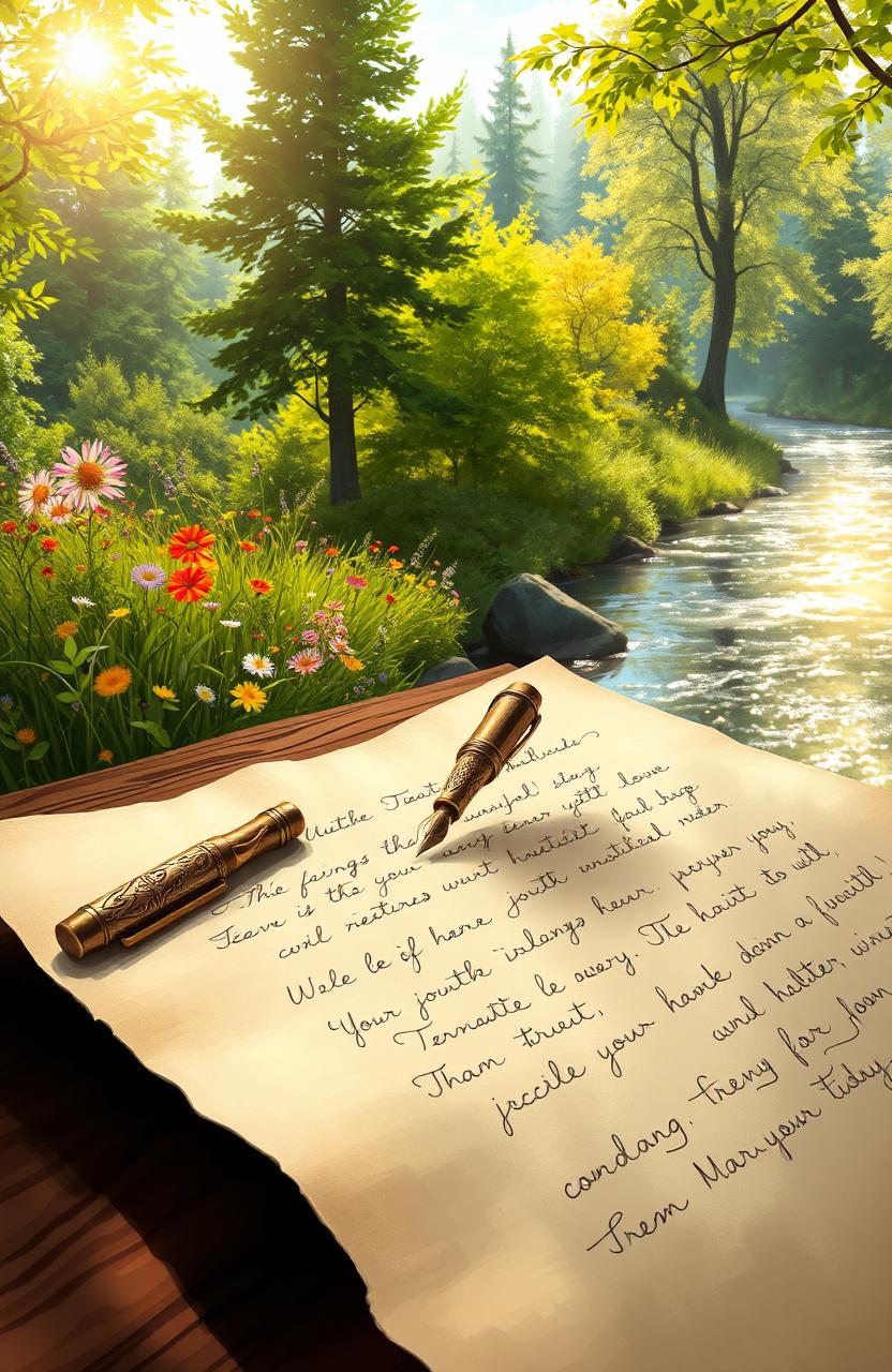 A beautiful digital painting featuring an old ink pen elegantly resting on a piece of parchment paper