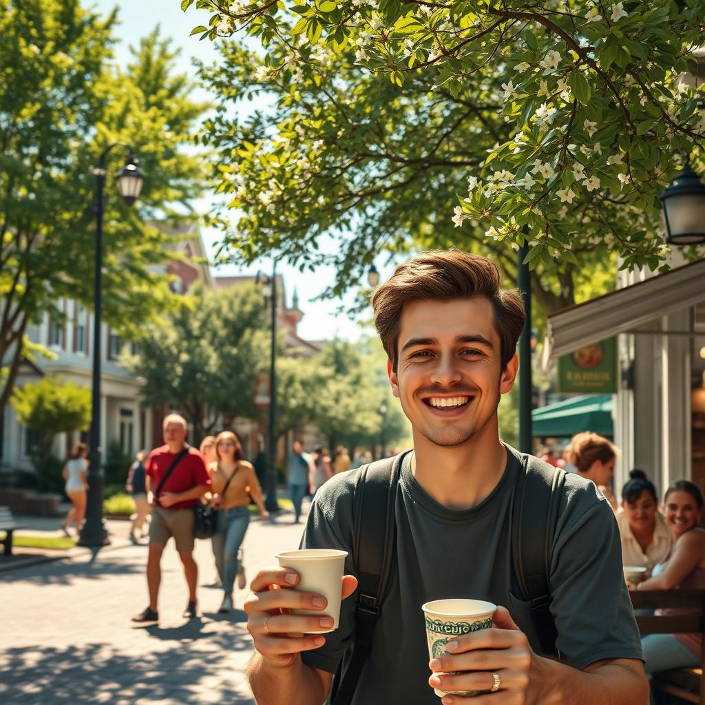 A vibrant and nostalgic scene capturing the essence of a hometown, showcasing familiar local landmarks such as charming houses, a bustling main street, and lush green parks