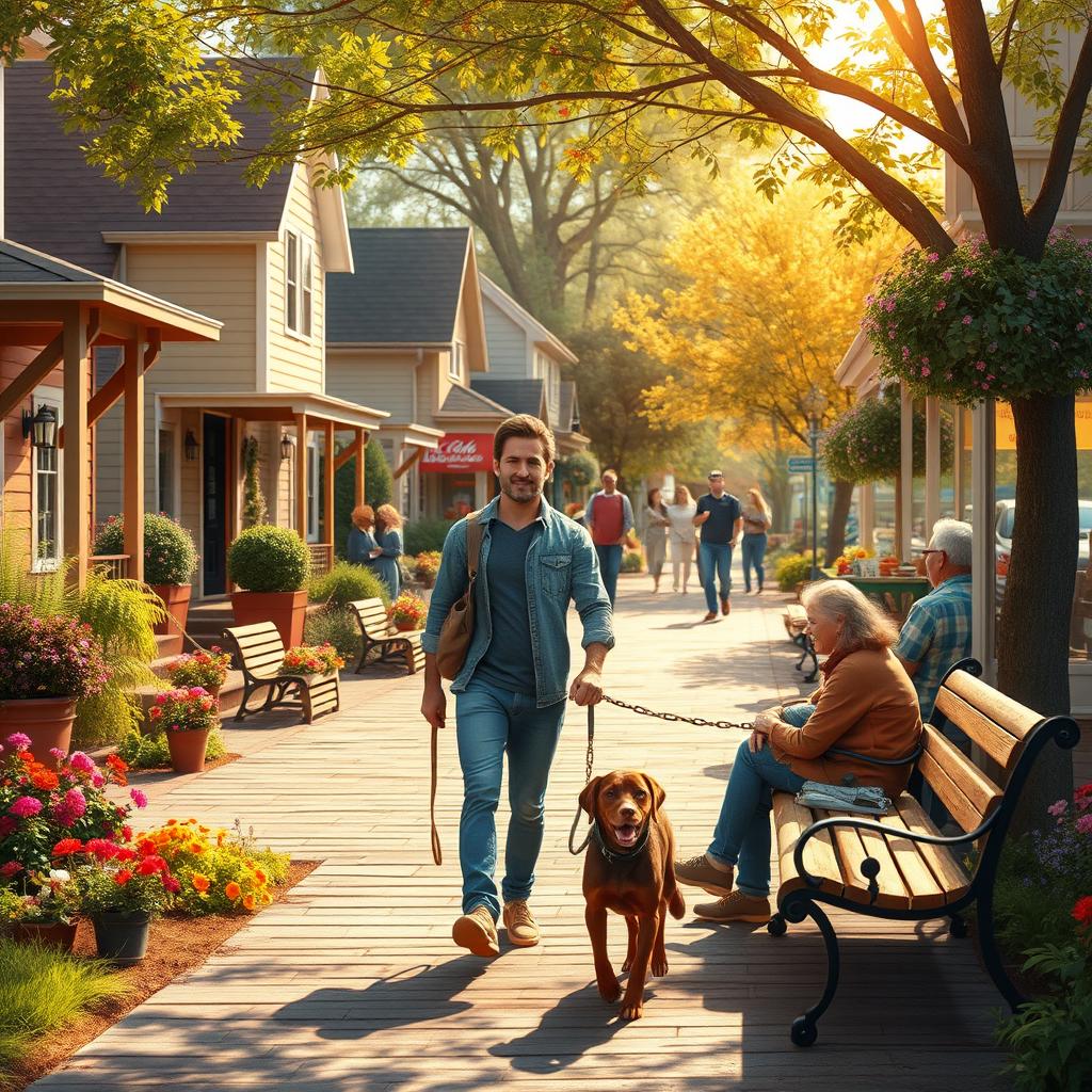 A realistic and heartwarming scene of a hometown setting featuring familiar elements such as cozy houses, a scenic park, and a lively street filled with neighborhood activity