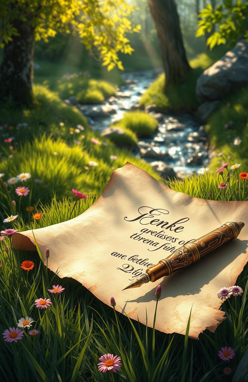 A beautifully detailed digital painting of an old-fashioned ink pen resting on a piece of parchment paper, which has elegant writing in an ornate script