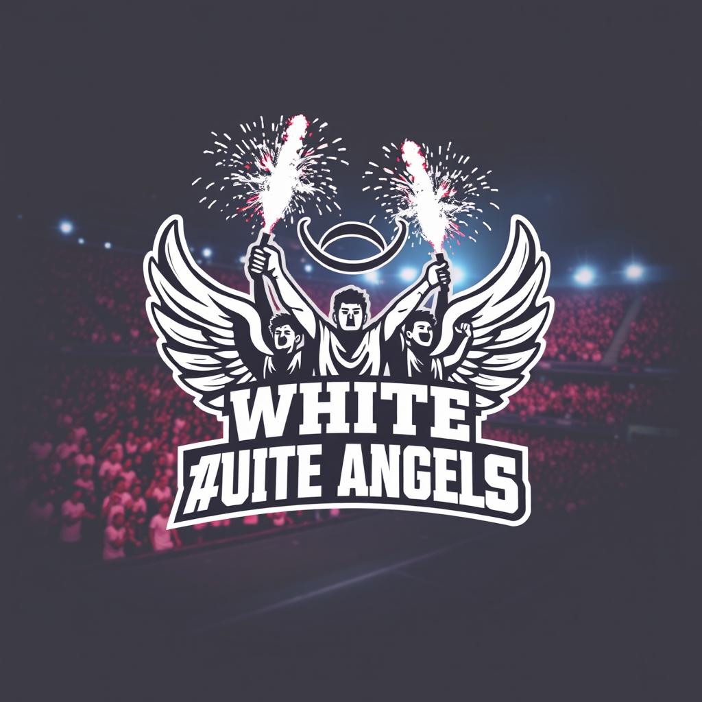 A bold and dynamic logo design for 'WHITE ANGELS', featuring a stylized representation of intense football fans (ultras) passionately holding up fireworks (pyrotechnics) in a vibrant stadium setting