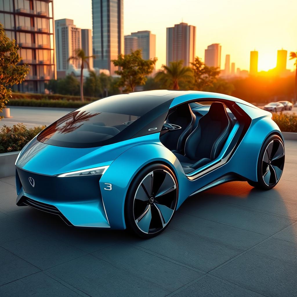 A futuristic car design featuring sleek aerodynamic lines, a vibrant electric blue body with accents of silver, illuminated LED headlights, and a stylish glass roof
