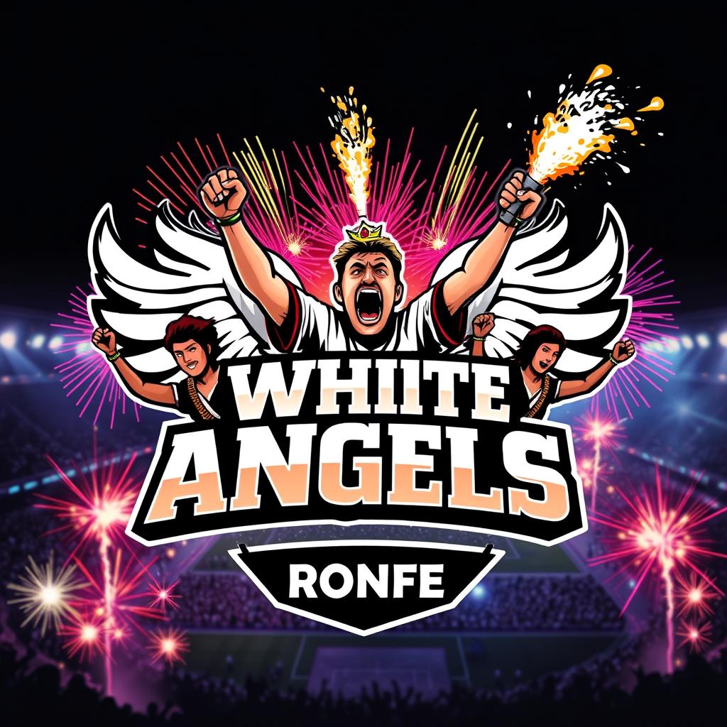 A vibrant and dynamic logo for 'WHITE ANGELS', featuring passionate football ultras holding pyrotechnics, with intense expressions and raised fists
