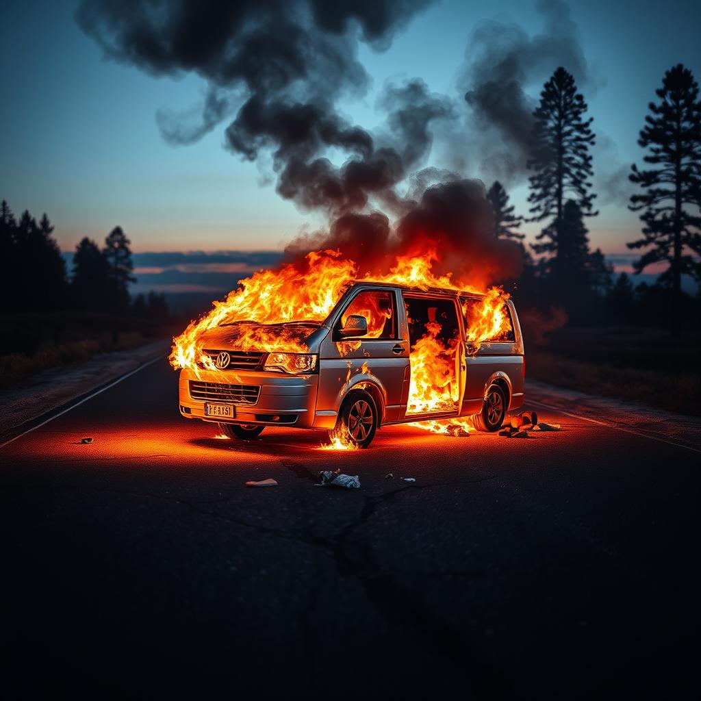 A dramatic scene featuring a burning silver Volkswagen Transporter van in the middle of a deserted road