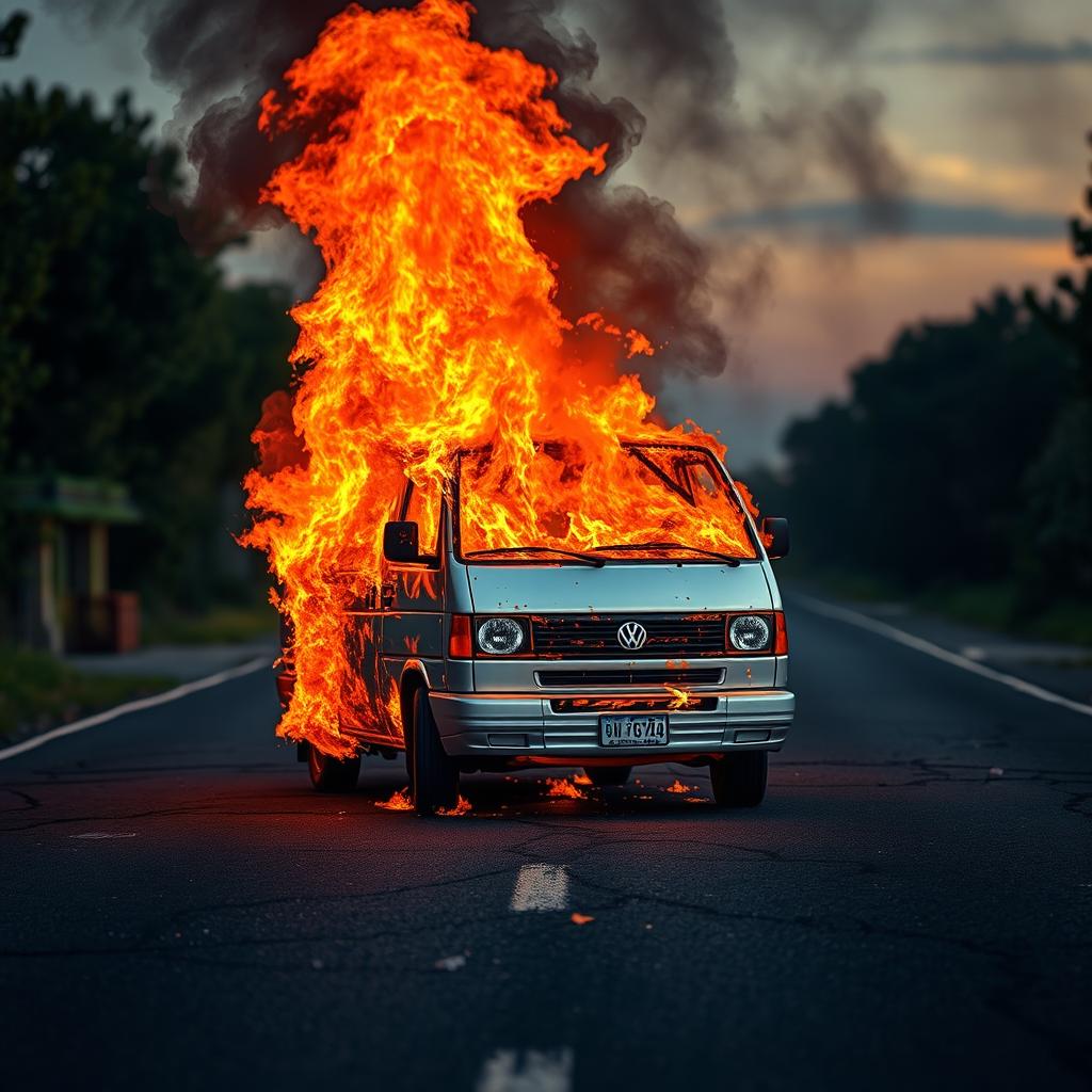 A realistic photo-like depiction of a burning silver Volkswagen Transporter van in the middle of an empty road