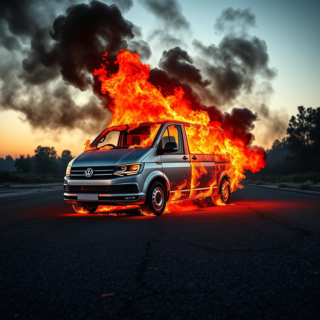 A realistic photo-like depiction of a burning silver Volkswagen Transporter van from 2024, engulfed in flames in the middle of a deserted road