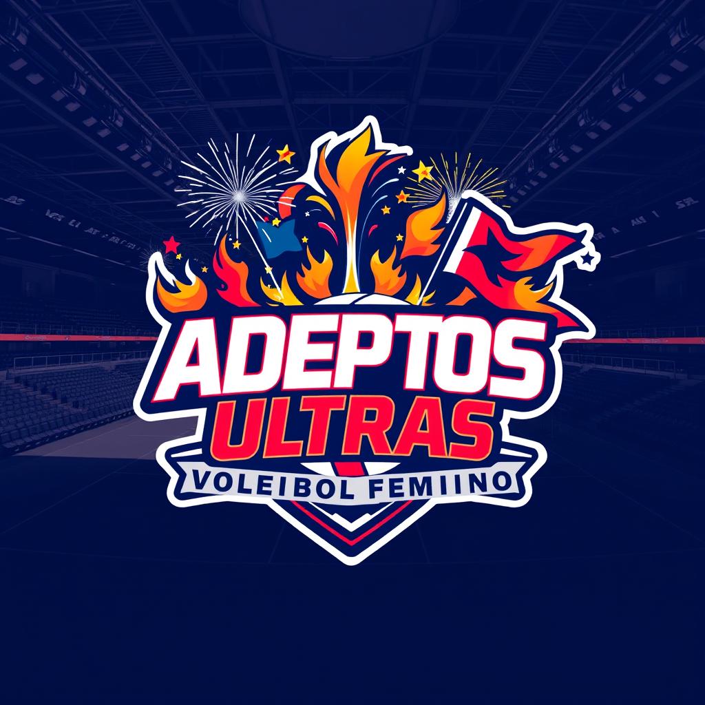 A dynamic and vibrant logo design for the 'Adeptos Ultras Voleibol Feminino' featuring elements of pyrotechnics and flags inside the 'Pavilhão do VITÓRIA SC'