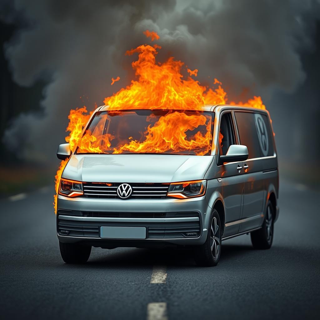 A real photo of a burning silver Volkswagen Transporter from 2024 in the middle of a road, surrounded by smoke and flames, depicting a dramatic scene that captures the intensity of the fire