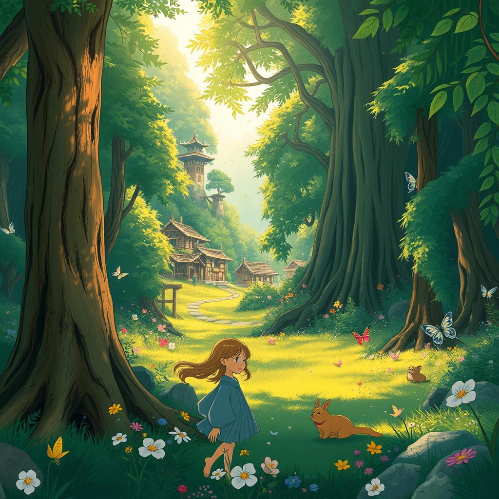 A whimsical and enchanting forest scene inspired by Studio Ghibli, featuring lush, vibrant greenery, soft sunlight filtering through tall, ancient trees, and various magical creatures peeking from behind the foliage