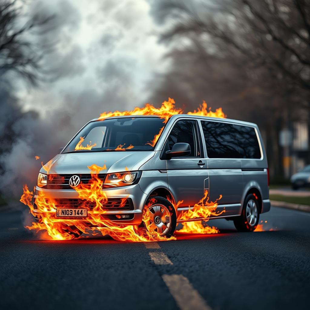 A realistic photograph of a burning silver Volkswagen Transporter from 2024, prominently displayed in the center of a road