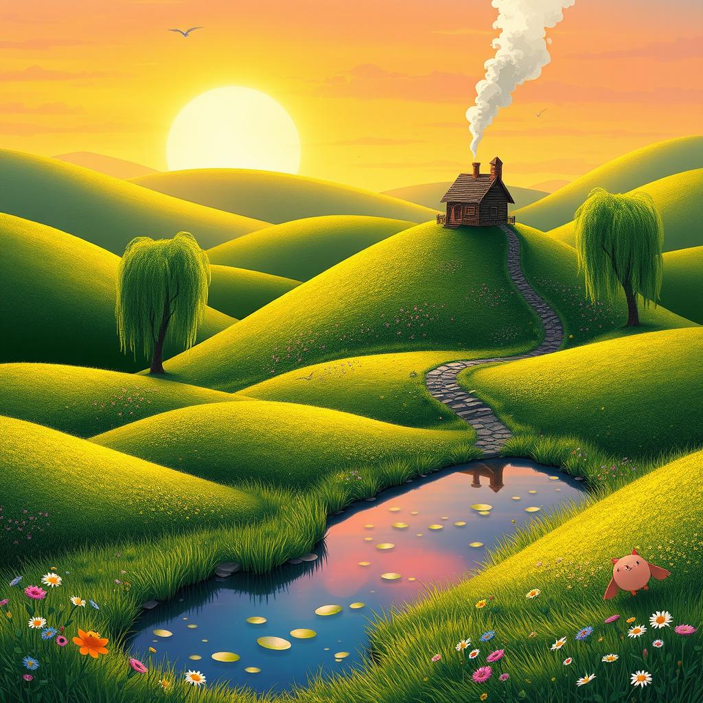 A whimsical landscape featuring lush green hills with soft, rolling curves, dotted with colorful wildflowers