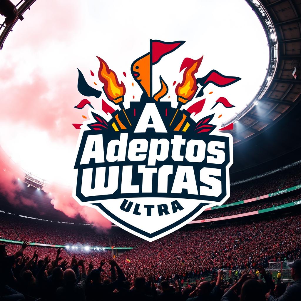 A dynamic logo design for 'Adeptos Ultras', featuring vibrant pyrotechnics and colorful flags, set in the iconic Pavilion of VITÓRIA SC