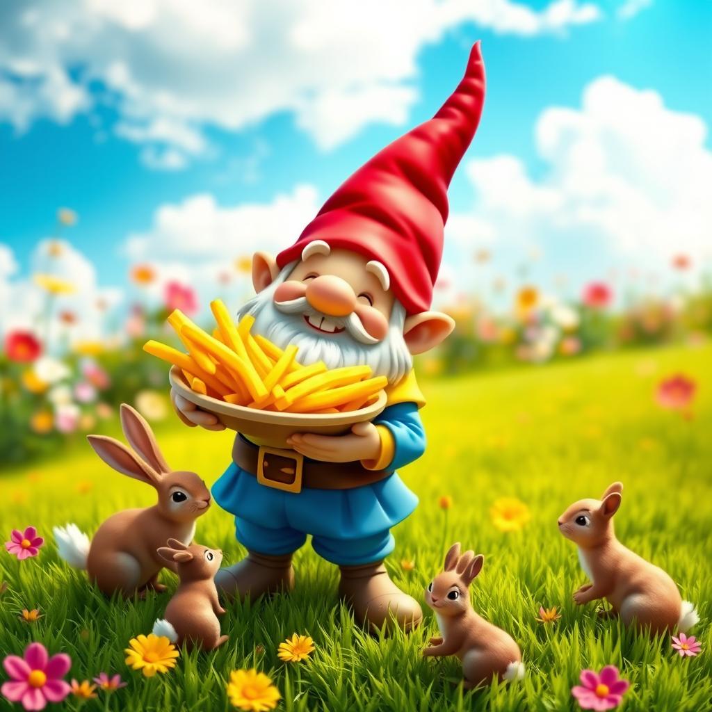 A whimsical scene of a gnome happily holding a plate of golden, crispy fries, standing on a vibrant green grassy field