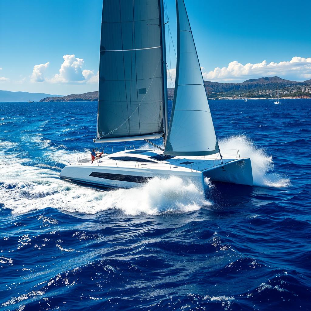 A sleek, modern catamaran racing across the vibrant blue ocean, sails billowing as it cuts through the water at lightning speed