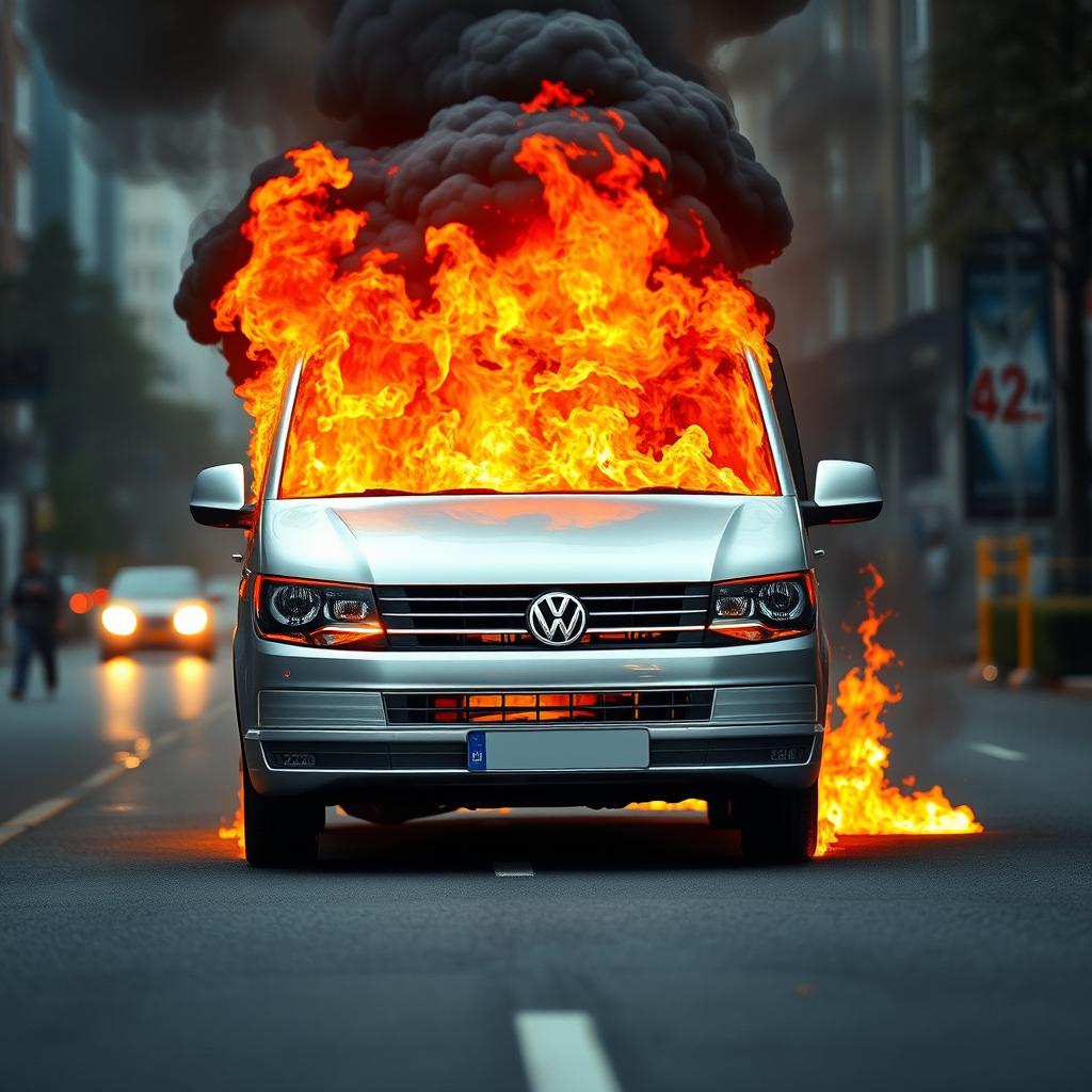 A realistic live photograph of a burning silver Volkswagen Transporter from 2024, prominently positioned in the center of a road