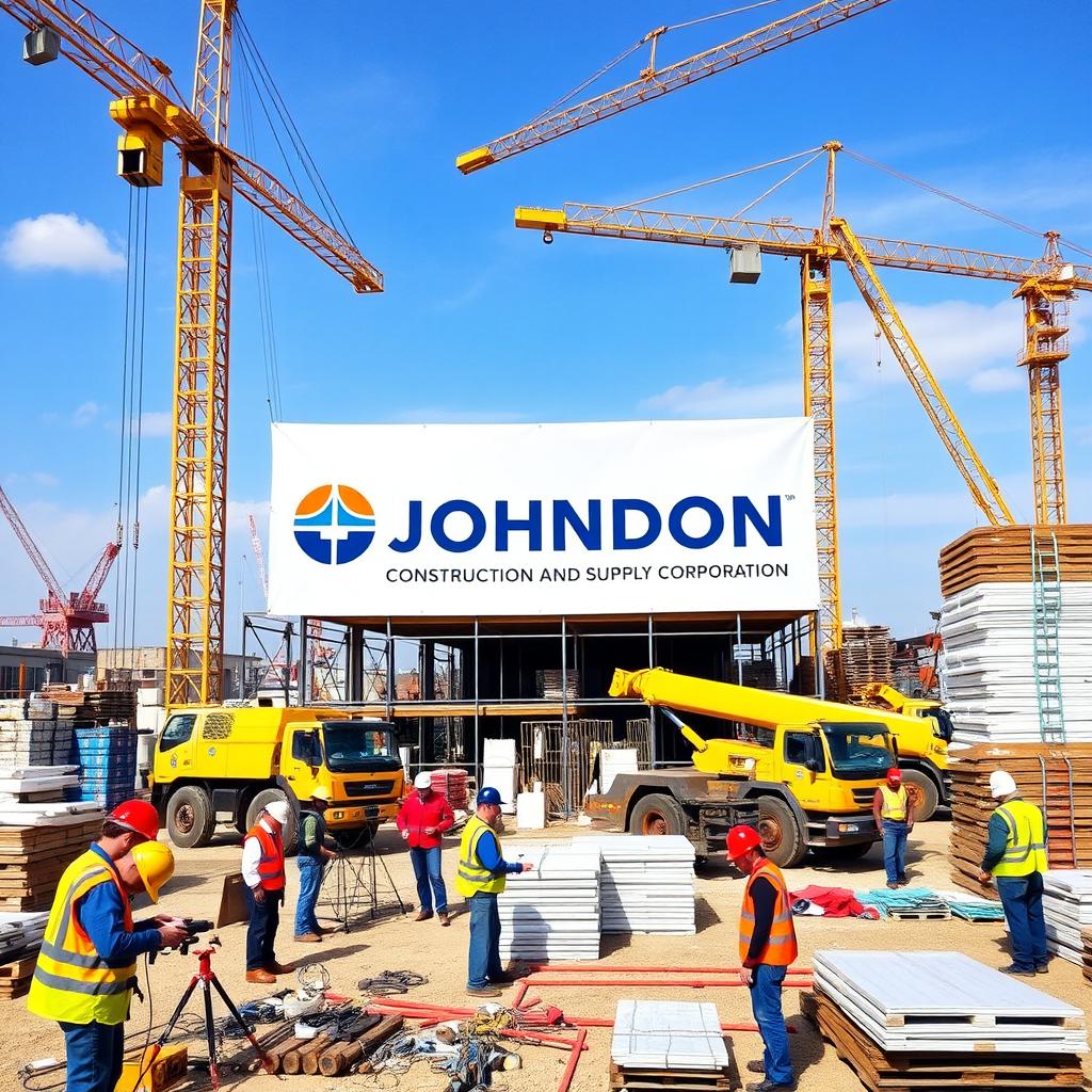 A modern construction site featuring the Johndon Construction and Supply Corporation