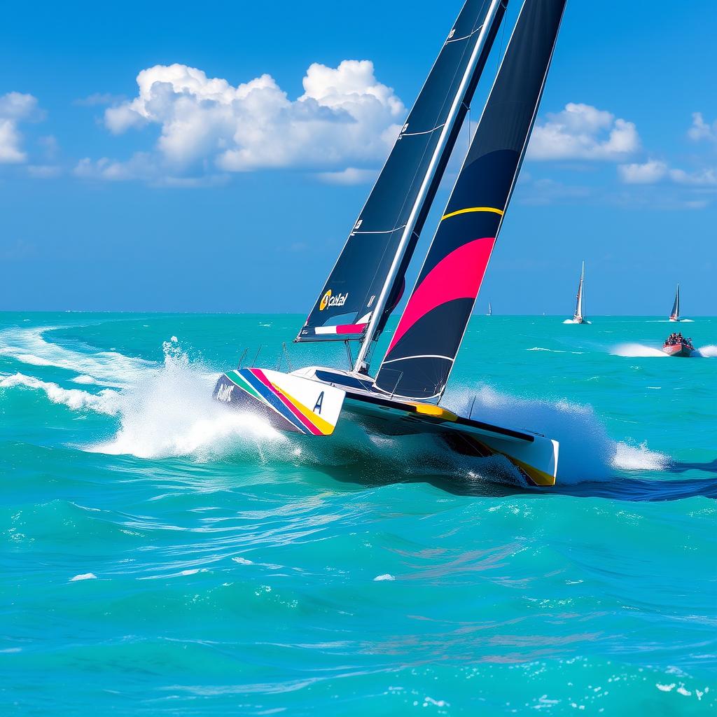 A fast Formula 18 catamaran racing at lightning speed across a stunning turquoise sea