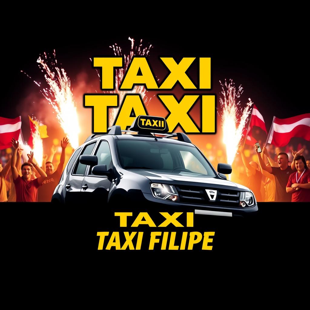 A vibrant and dynamic logo design for 'TAXI FILIPE' featuring a sleek black Dacia Duster prominently in the foreground