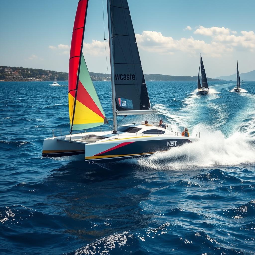 A fast, small catamaran racing across the sparkling blue sea at lightning speed