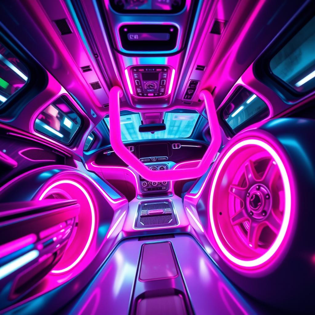 A dynamic scene showcasing a vibrant, futuristic vehicle interior featuring fluorescent pink accents on the passenger grab bar and the rim of the wheels