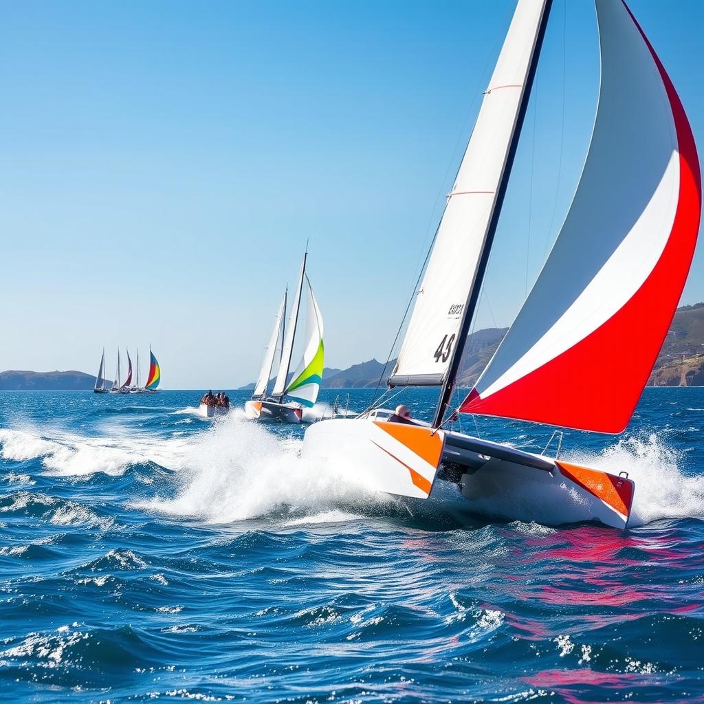 A fast, smaller catamaran racing across the sparkling blue sea, showcasing its agile design and vibrant colors