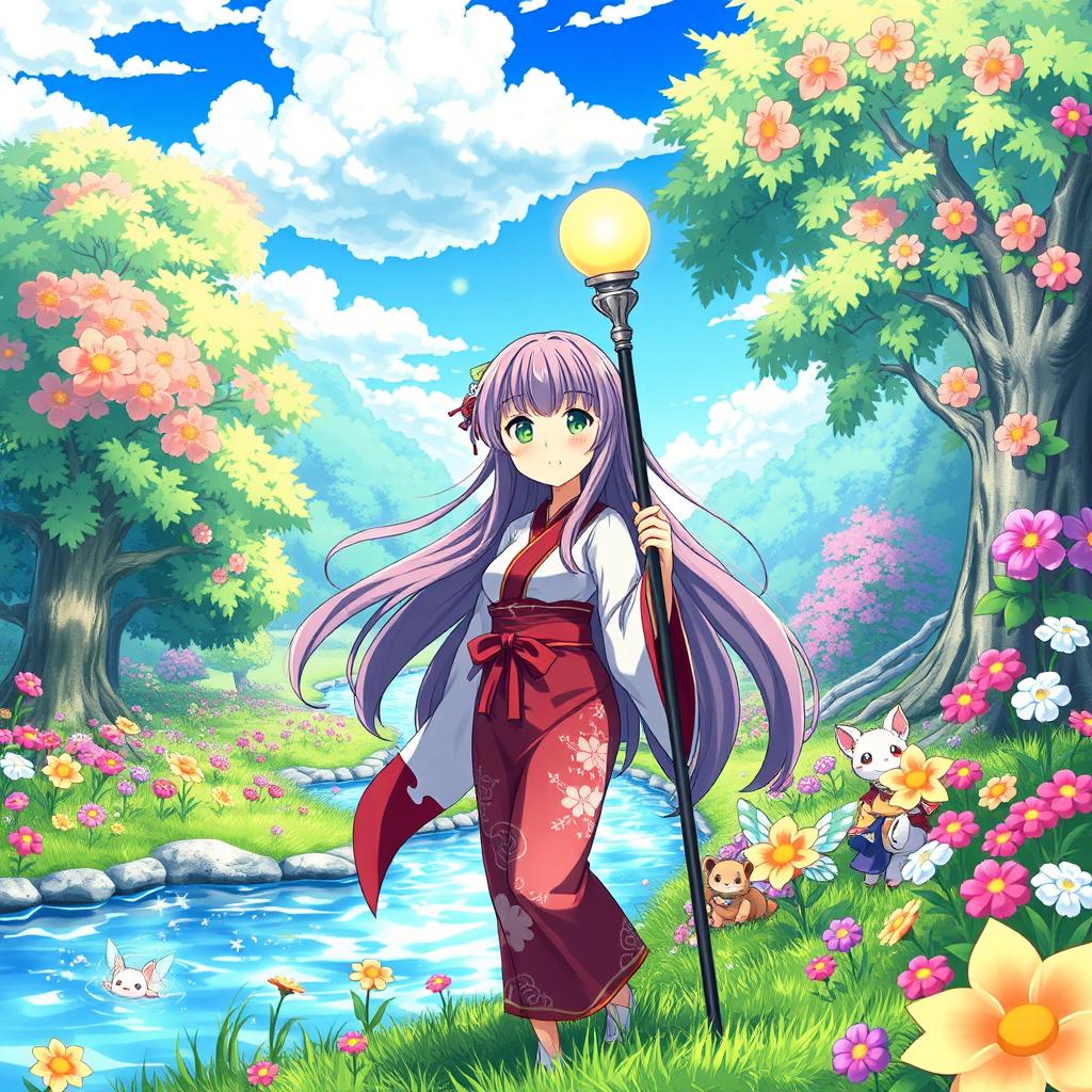A vibrant anime scene set in a lush, enchanted forest