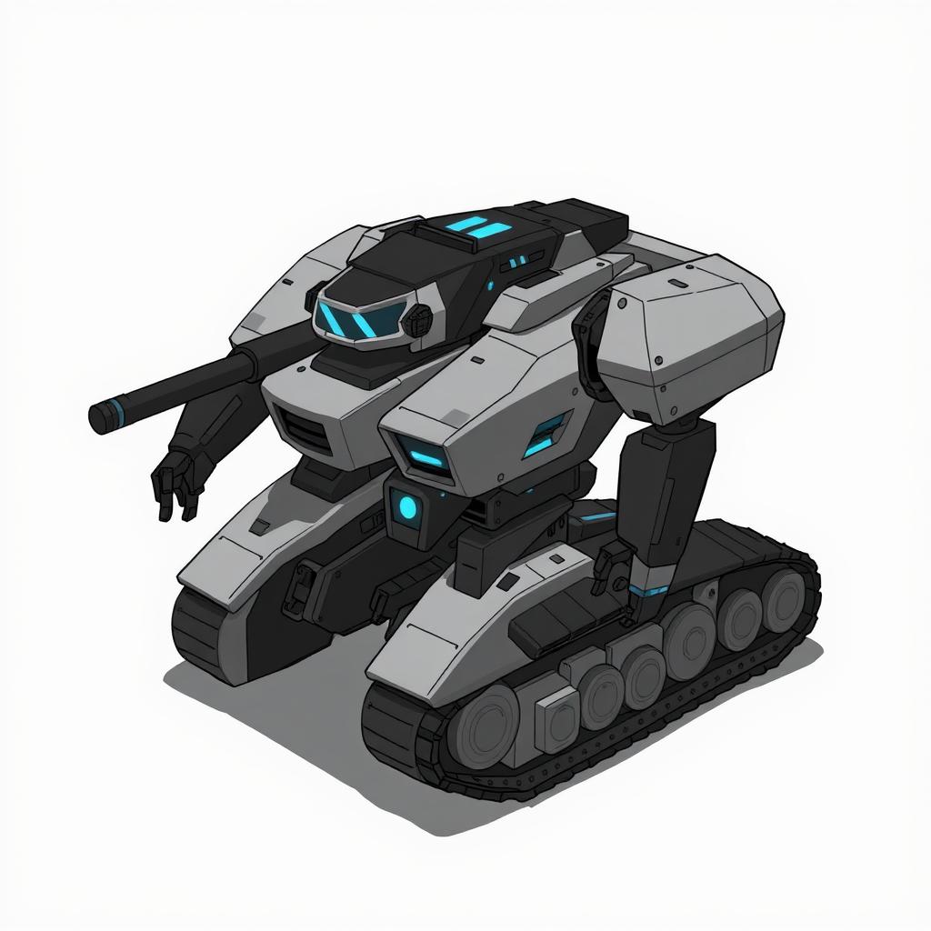 A 2D simple drawing of a tank and mech suit hybrid, featuring a sleek and robust design combining elements of both machinery