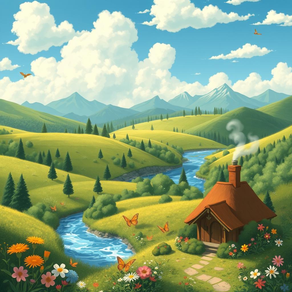 A whimsical and enchanting landscape featuring rolling hills, lush green forests, and a serene river flowing through it