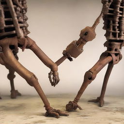 A representation of human joints transformed into rusty mechanical joints similar to those of the Tin Man from Wizard of Oz.