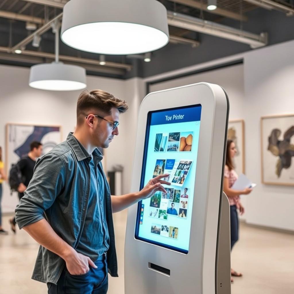 A man interacting with a modern kiosk printer in a sleek, contemporary environment