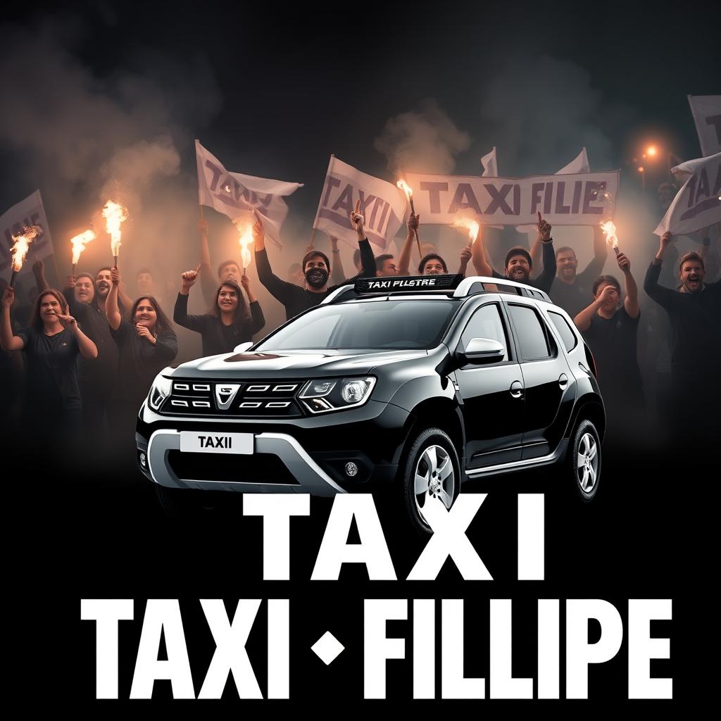 A dynamic and vibrant logo for "TAXI FILIPE" featuring a sleek black Dacia Duster prominently displayed