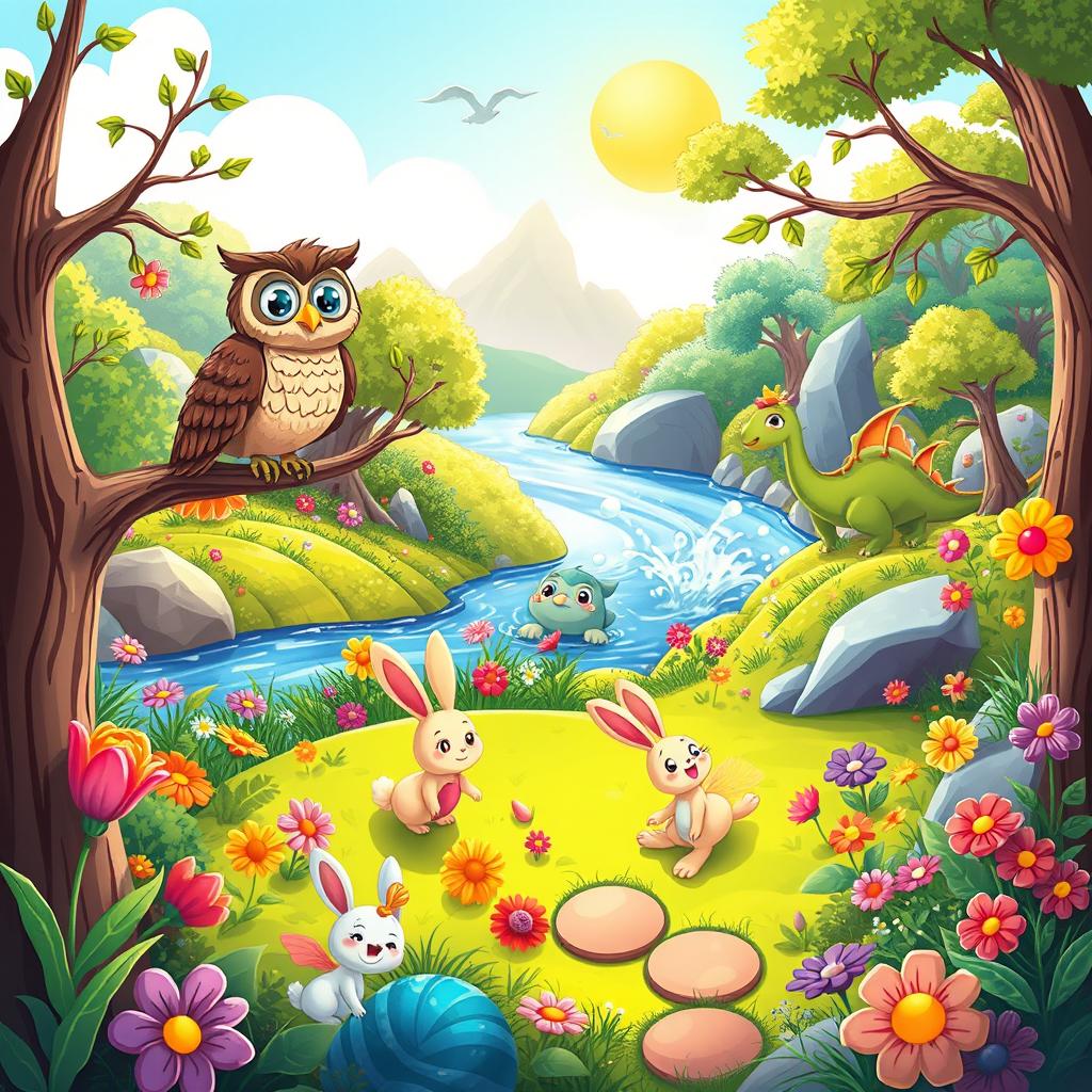 A vibrant and colorful cartoon world, featuring whimsical characters and a fantastical landscape