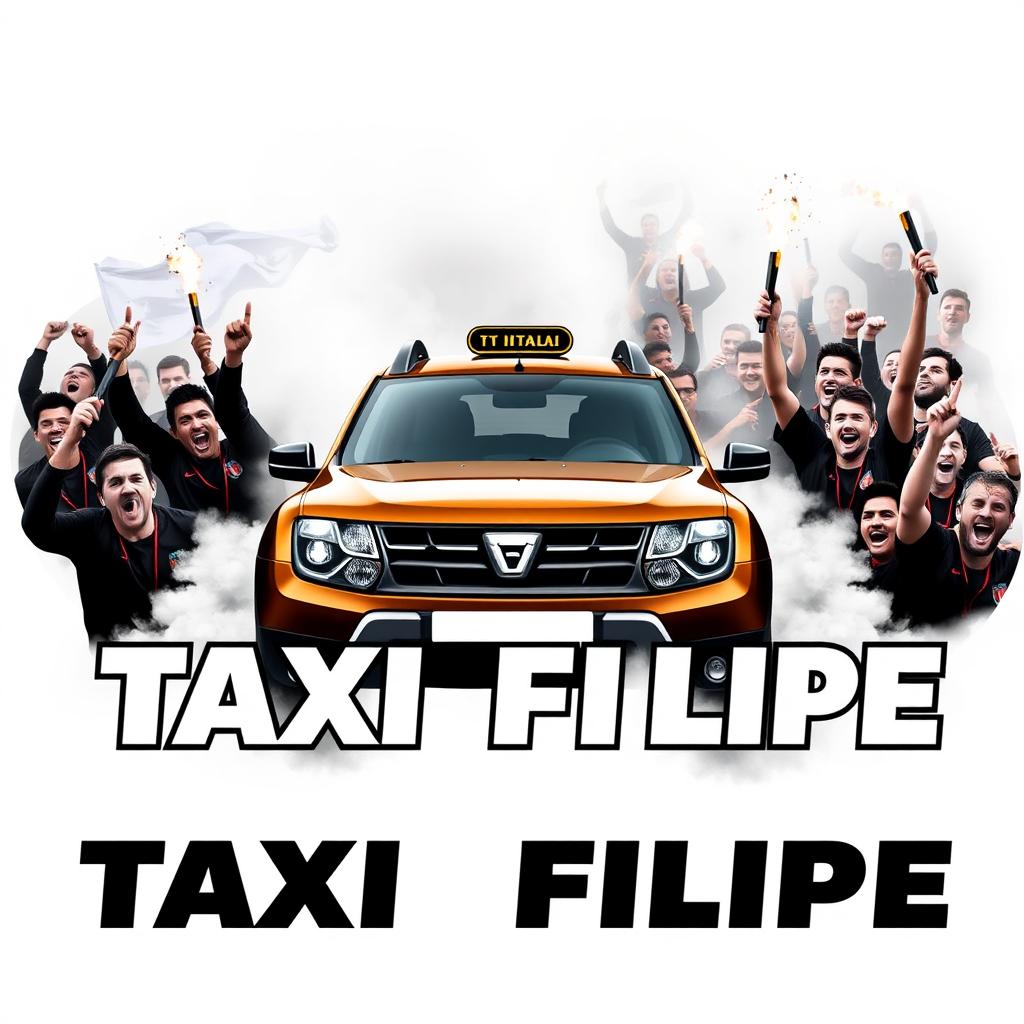 A vibrant and dynamic logo design for 'TAXI FILIPE' featuring a sleek black Dacia Duster car prominently displayed