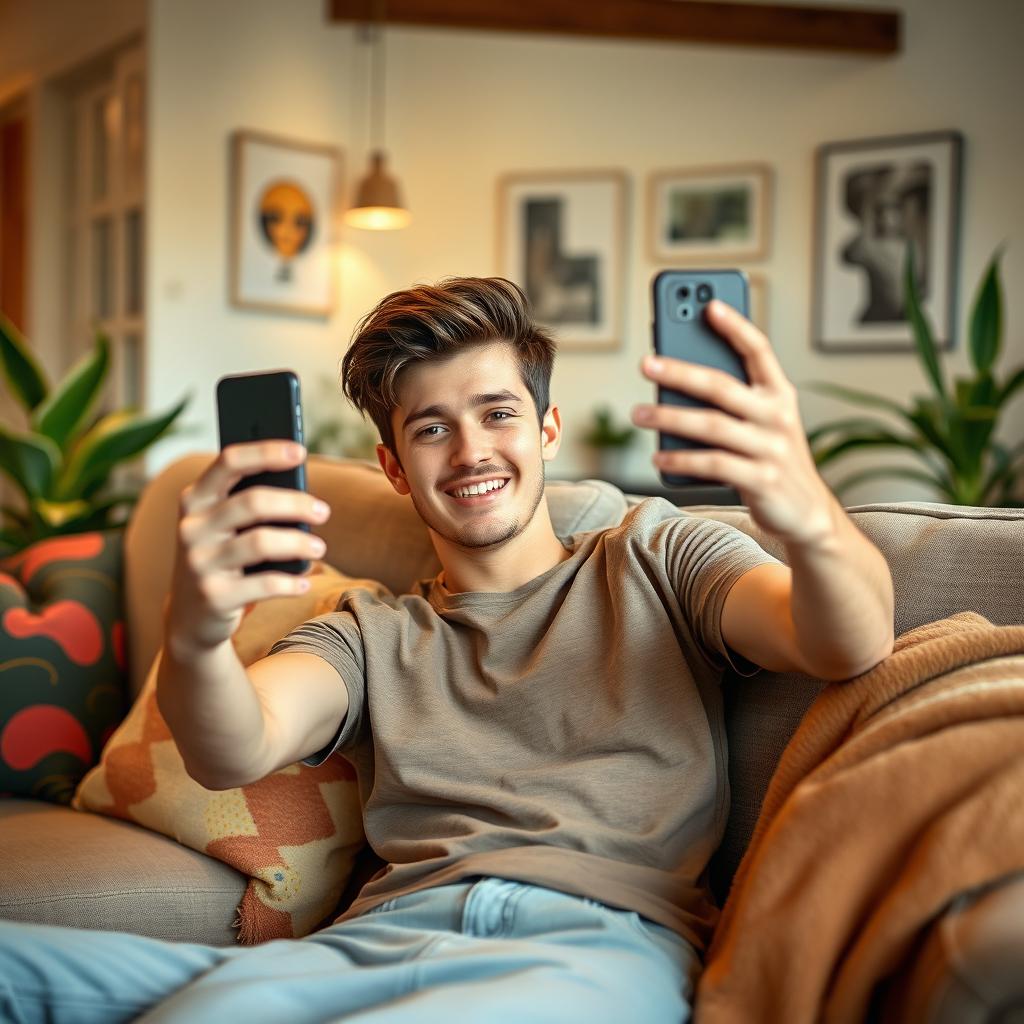 A young man lounging on a comfortable sofa, smiling casually as he takes a selfie with his smartphone