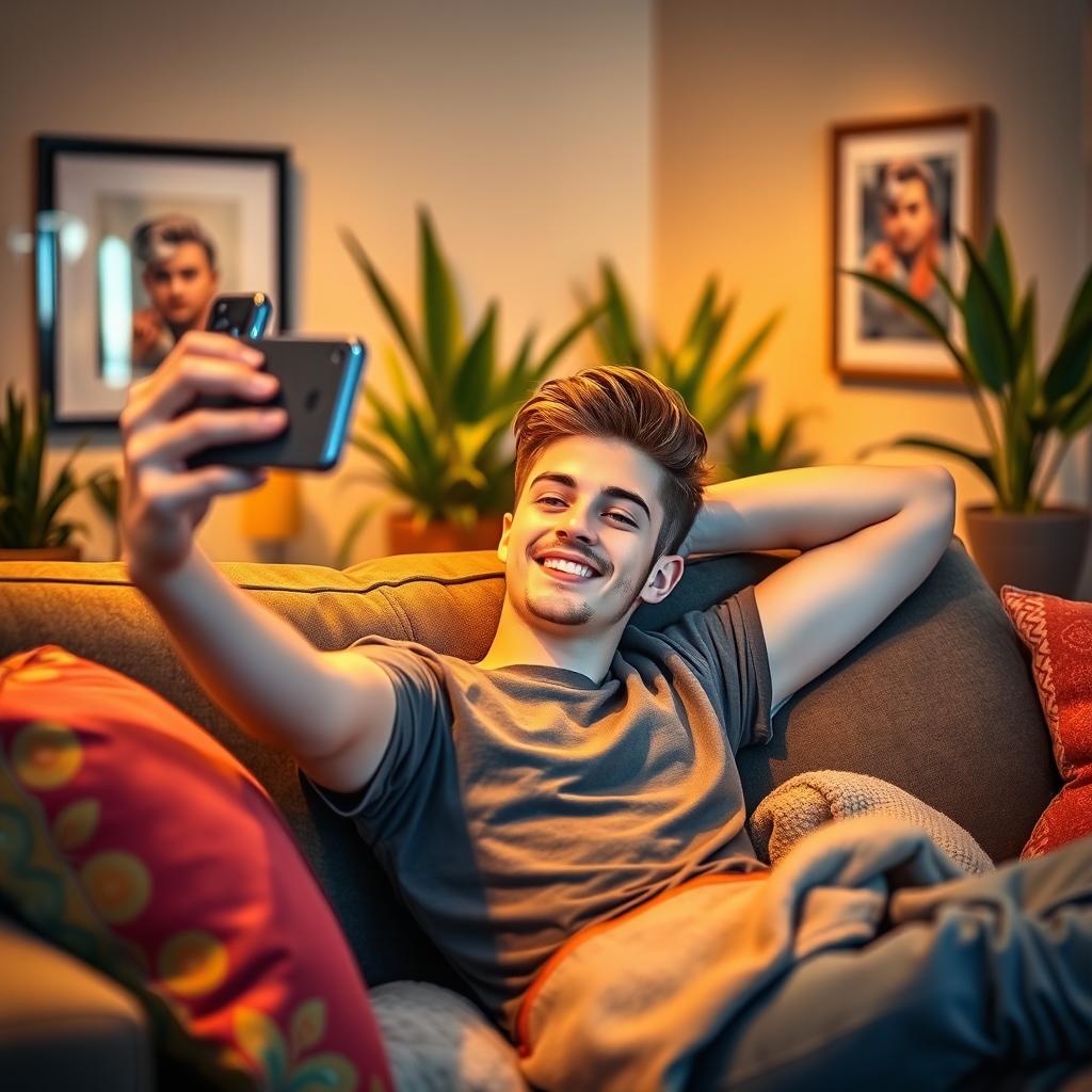 A young man lounging comfortably on a stylish sofa, smiling and taking a selfie with his smartphone