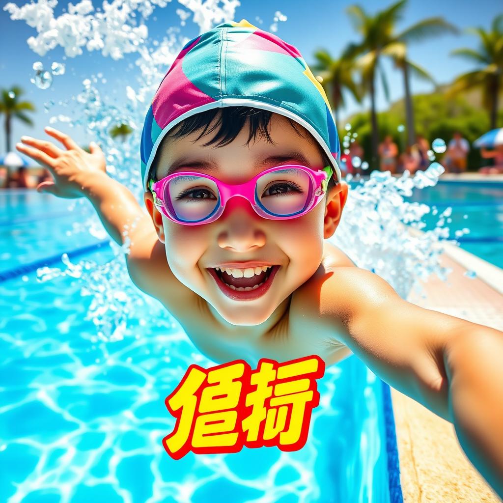 A cheerful and lively young swimmer with bright, sparkling eyes, wearing a colorful swim cap and goggles, diving gracefully into a clear blue pool