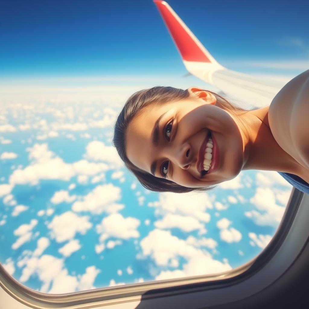 A vibrant selfie taken from the window seat of an airplane, showcasing a clear blue sky filled with fluffy white clouds outside the window