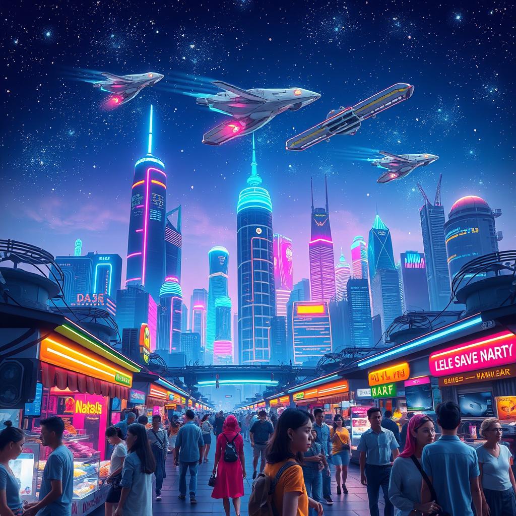 A vibrant and colorful digital artwork of a futuristic city skyline at night, featuring towering skyscrapers with neon lights, flying cars zooming through the air, and a starry sky filled with glowing constellations
