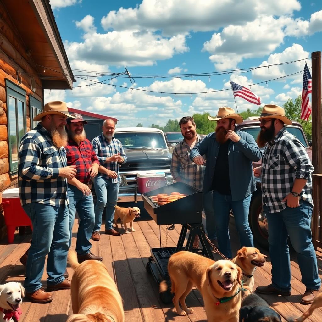 A lively redneck barbecue scene set in a rustic backyard with a wooden deck