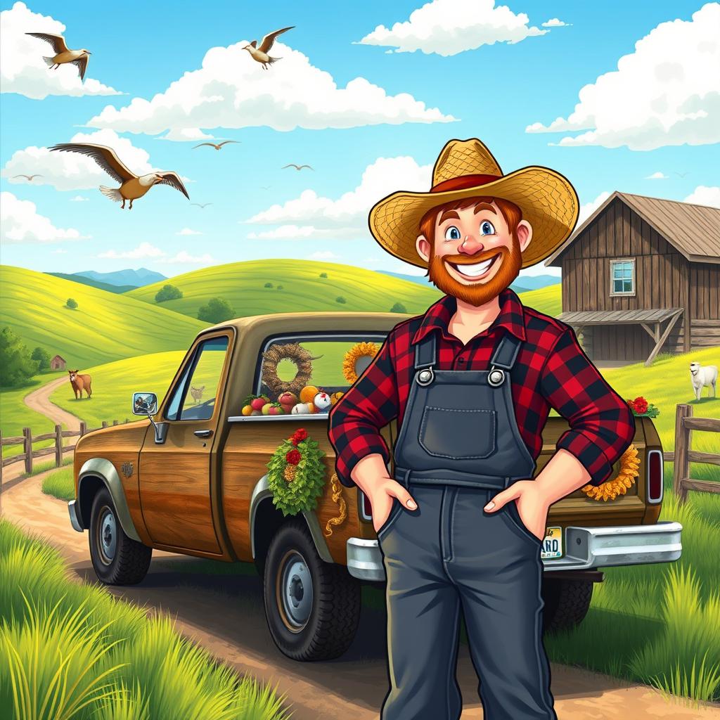 A vibrant countryside scene showcasing a cheerful redneck character in a flannel shirt, denim overalls, and a straw hat
